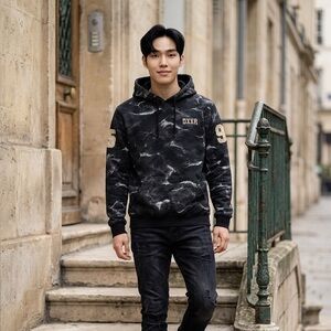 10.Deep Black and Gray Camouflage Hoodie Size X-Large